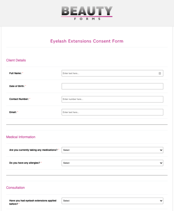 Eyelash Extensions Consent Form Online Form Templates PDFs
