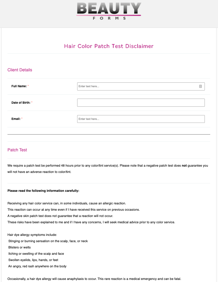 Hair Color Patch Test Disclaimer Form Online Form Templates PDFs