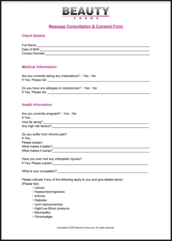 Massage Consultation Pdf Printable Pdf Download 7128