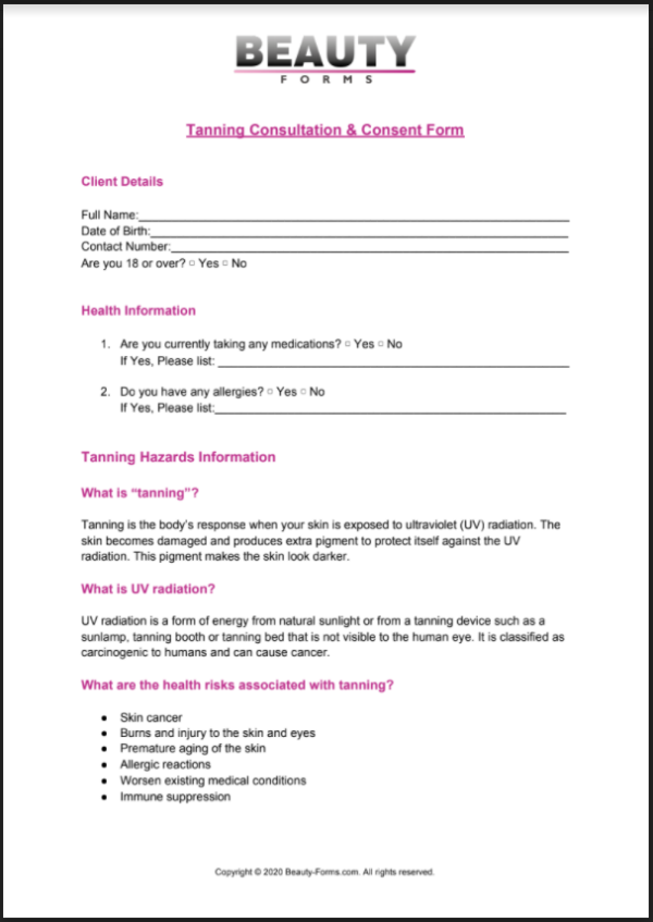 Tanning Consent PDF Free Printable PDF Download